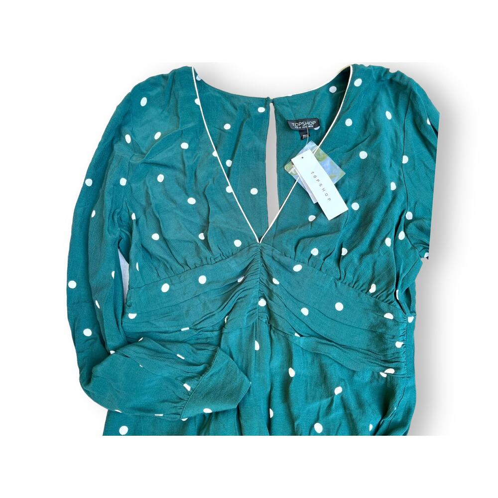 TopShop Polka Dot Rusched Mini Dress | Sz 10, Green & White | NWT $75 - Picture 6 of 12